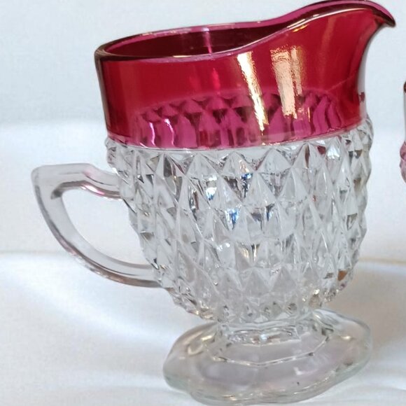 Vintage Indiana Glass Ruby Diamond Point Creamer & Sugar Set – Mid Century - Picture 8 of 11